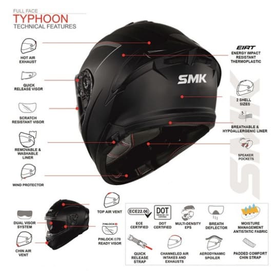 SMK Typhoon Shadow Stealth Gloss Helmet technical features